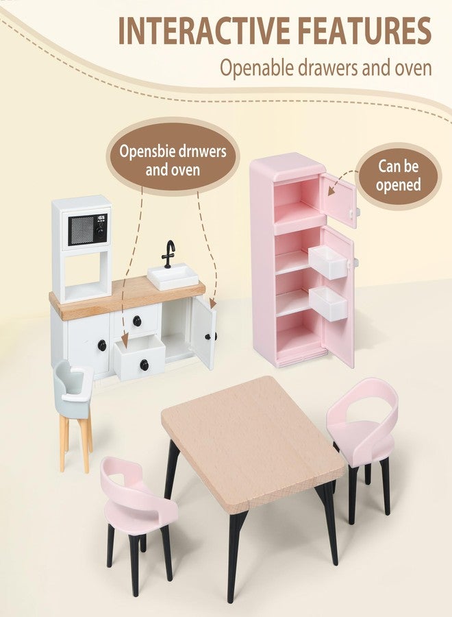 Pithfor Wooden Dollhouse Furniture Set, Dollhouse Accessories and Furniture, with 7 Rooms 3 Dolls, Includes Patio Set & Dog Set, Doll House Furniture Toys Gift for Kids Boys Girls - Image 4